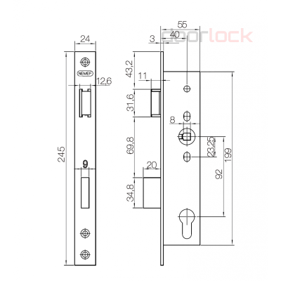 Замок огнестойкий NEMEF 9604/08, нержавеющая сталь